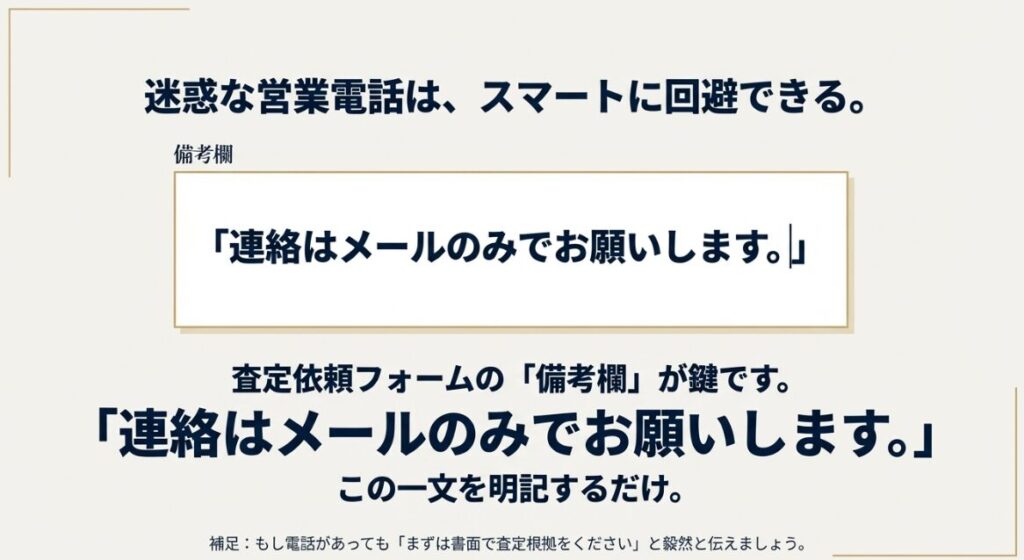 査定依頼フォームの備考欄に連絡希望方法を明記して迷惑な電話を避ける具体的なテクニックの解説です
