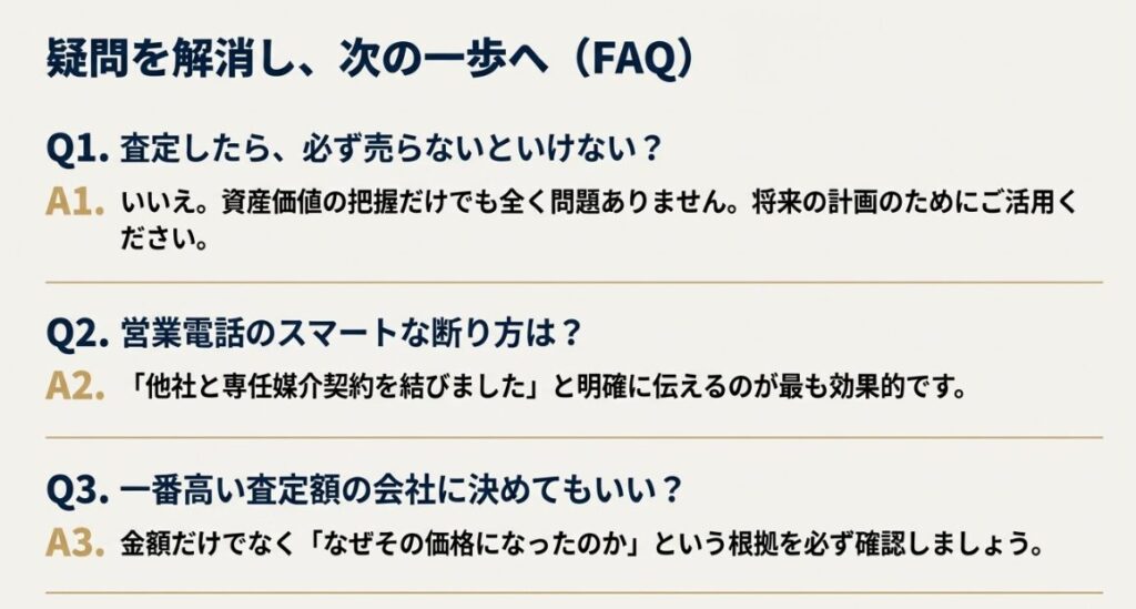 売却の義務や営業電話の断り方など一括査定を利用する際の不安を解消するFAQのまとめ画像です