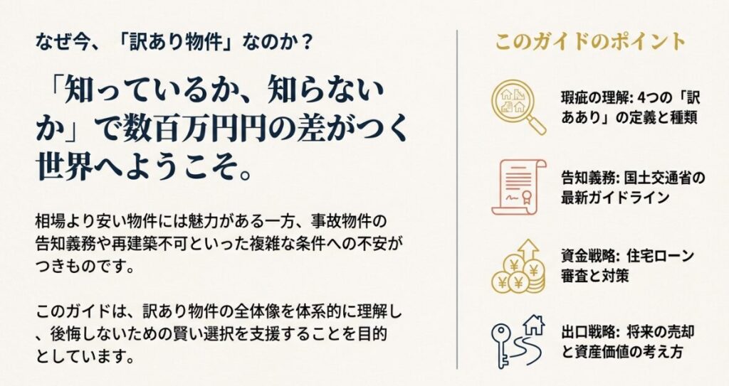 心理的瑕疵、法的瑕疵、環境的瑕疵、物理的瑕疵という4つの側面から、訳あり物件の定義を体系的にまとめた図解