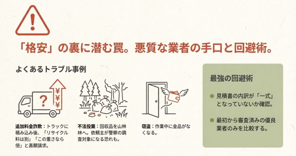 高額請求や窃盗、不法投棄といった悪質な業者の手口と、見積書の内訳を確認するなどの回避術をまとめた注意喚起図