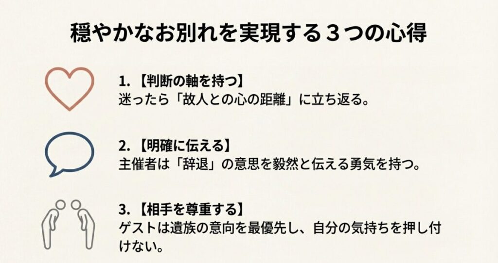 判断の軸を持つ、明確に伝える、相手を尊重するという家族葬を円満に進めるためのまとめスライド