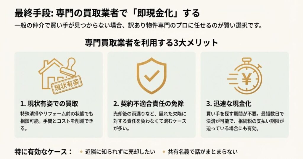 現状有姿での買取、契約不適合責任の免除、迅速な現金化という、専門業者に依頼する利点を解説したアイコン付きの図解。