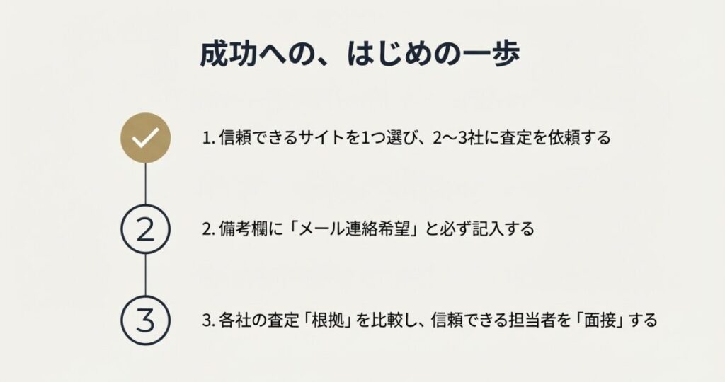 信頼できるサイトから数社に依頼し、メール連絡を希望し、査定根拠を比較して担当者を面接するという3段階の手順