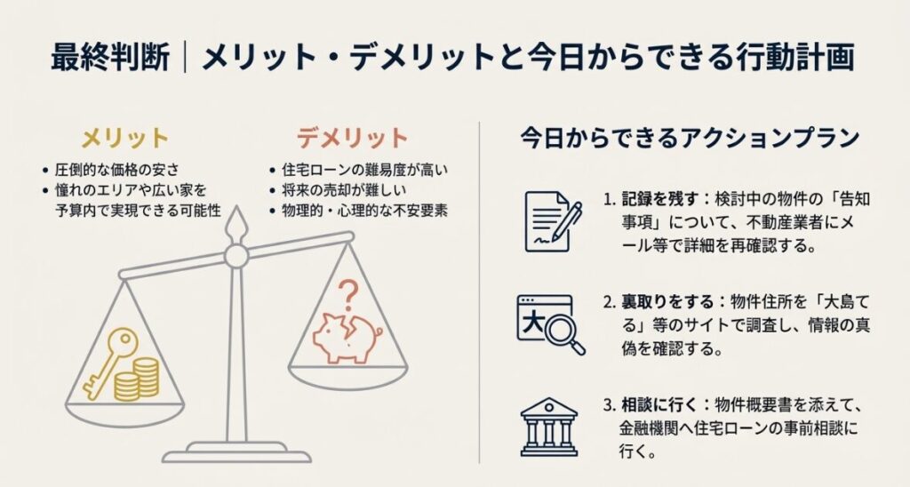 価格の安さというメリットと、ローンの難易度や将来の売却難というデメリットを天秤にかけて比較検討するイメージ図