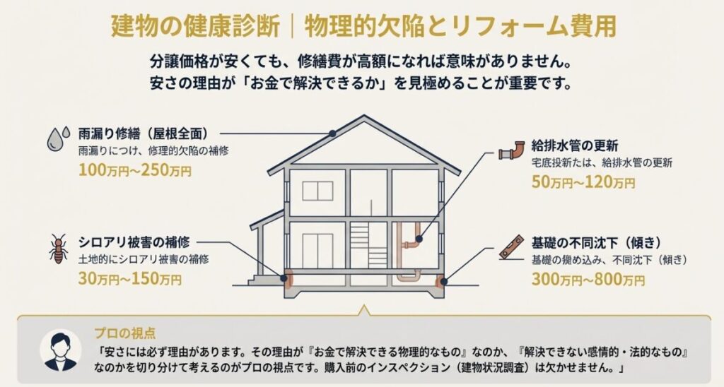 雨漏り、シロアリ、給排水管、基礎の傾きなどを修繕するために必要な、数十万円から数百万円単位の費用を部位別に示した図