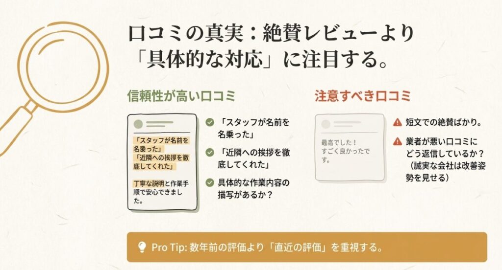 具体的な作業内容が書かれた信頼性の高い口コミと、短文で絶賛ばかりの注意すべき口コミの違いを解説した比較スライド