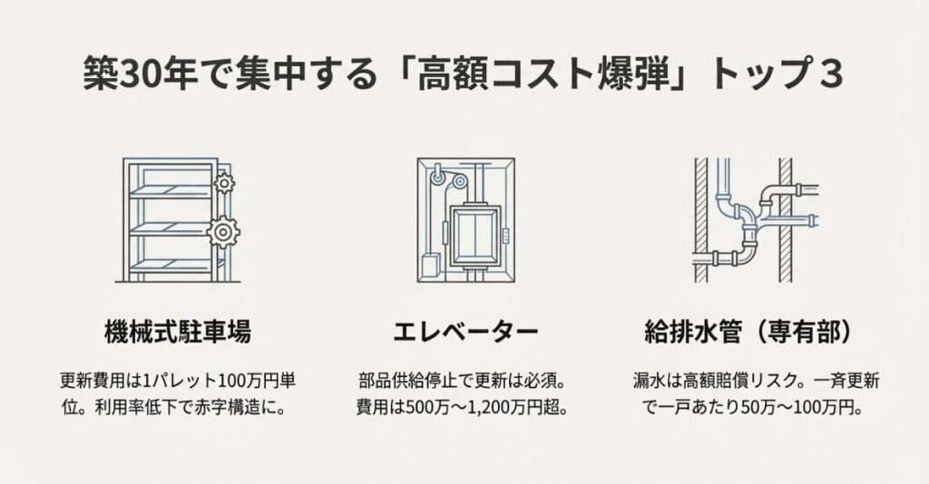 機械式駐車場、エレベーター、専有部給排水管の3つが高額なコスト爆弾として紹介されているイラスト