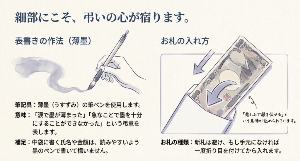 悲しみを表す薄墨の筆ペンを使用することや、お札の顔を伏せて入れる正しい封入方法を図解したマナー画像。