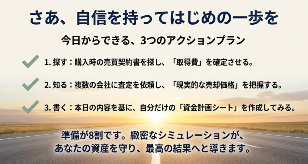 契約書の確認、複数社への査定依頼、資金計画シートの作成という、準備を万全にするための具体的な3ステップ