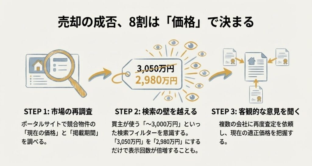 市場の再調査、検索フィルターを意識した価格設定、客観的な意見の聴取という3つのステップで、成約率を高めるための価格戦略を解説しています。