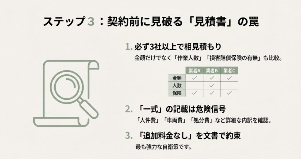 3社以上の相見積もり比較表と作業人数や保険の有無を確認するポイント