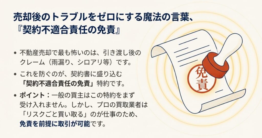 売却後のトラブルを防ぐための契約不適合責任免責特約について解説したスライド資料