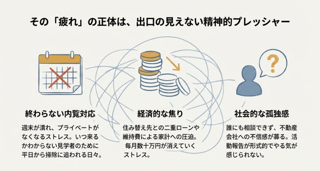 マンション売却に疲れた方へ向けた原因分析と戦略見直しの提案資料。内覧対応のストレス、経済的な焦り、社会的な孤独感という3つの疲れの正体を解説しています。