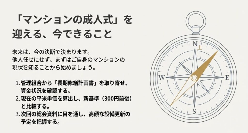 長期修繕計画書の確認、平米単価の算出、総会資料の把握という、住民が今取るべき具体的なステップを示した方位磁針のイラスト入りスライド