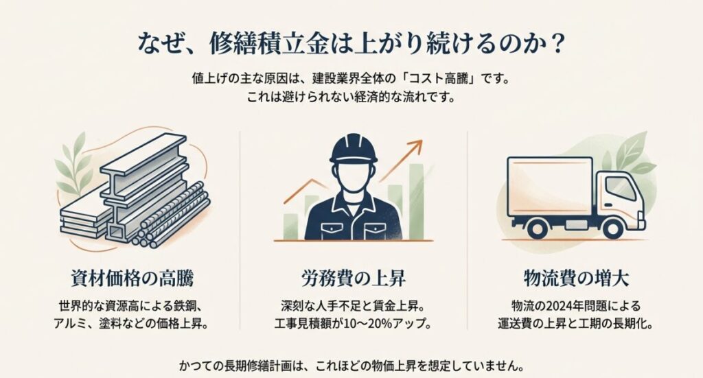 資材価格の高騰、労務費の上昇、物流費の増大といった建設コスト高騰の要因をまとめた図解