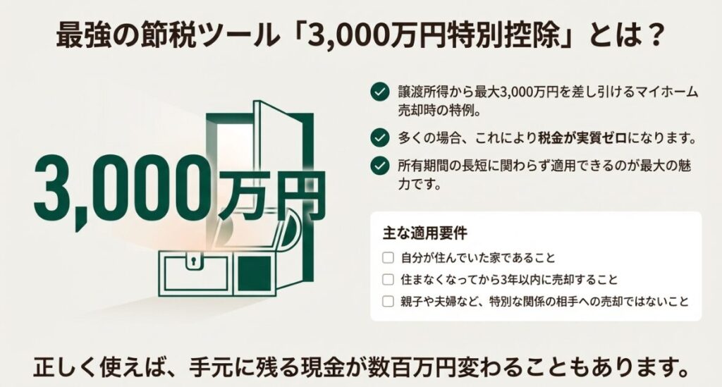 マイホーム売却時に譲渡所得から最大3000万円を控除できる特例のメリットと、居住実態などの主な適用ルールを示しています。