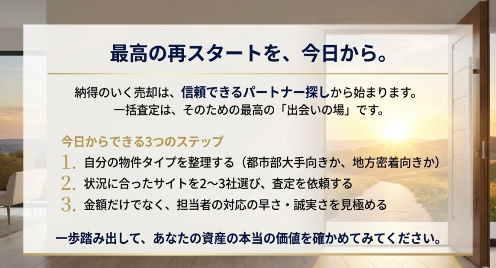 物件タイプの整理から信頼できる担当者の見極めまで最高の再スタートを切るための行動指針です