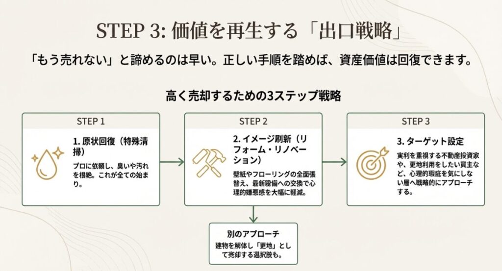 原状回復、イメージ刷新、ターゲット設定という、事故物件を高く売却するための具体的な3段階の手順を示した図解。