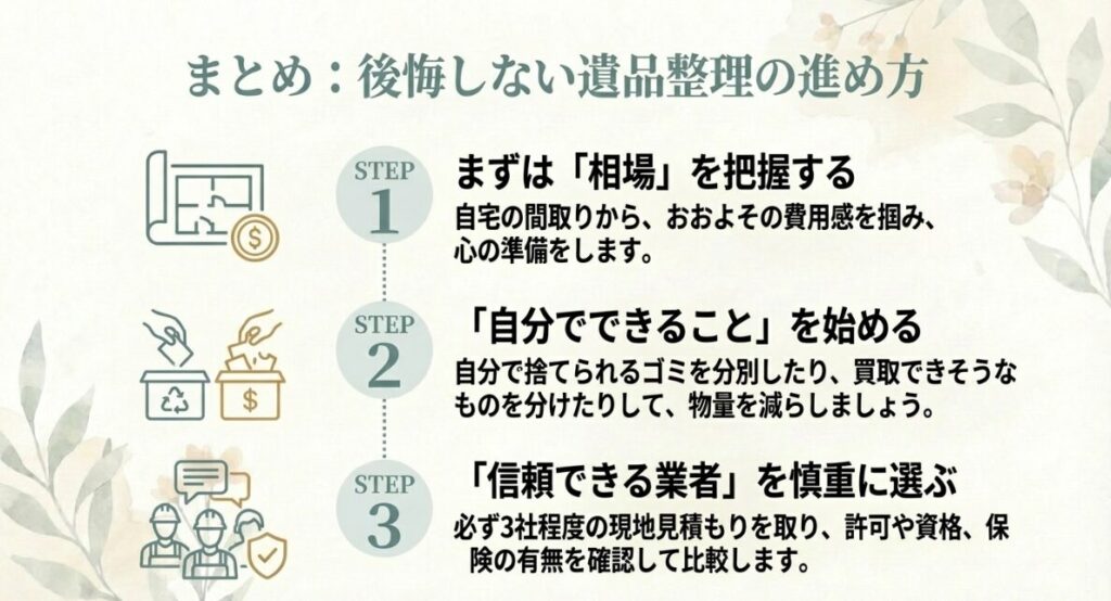 相場把握から業者選定まで、納得のいく遺品整理を行うための3つのステップ