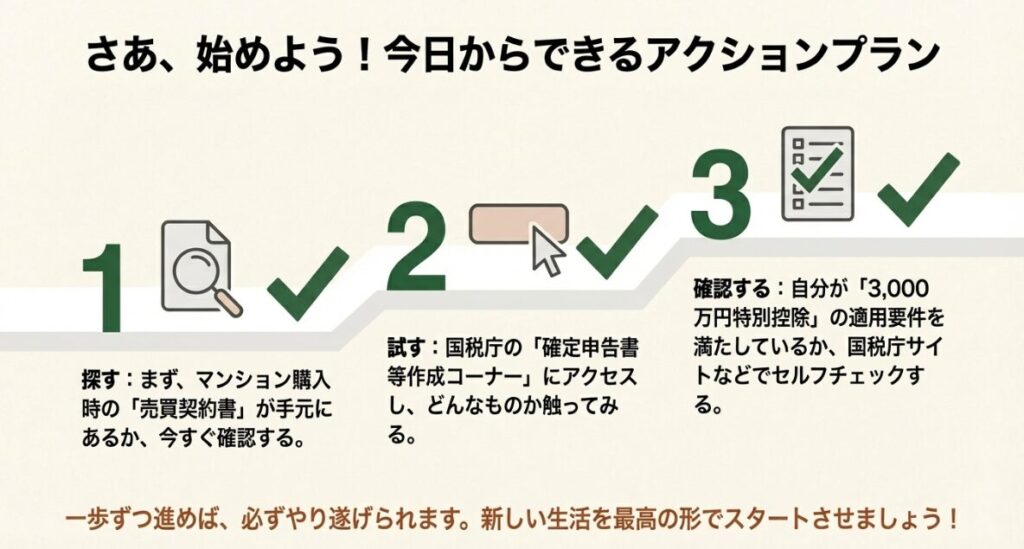 売買契約書の確認や作成コーナーへのアクセスなど、申告を完遂するために今すぐ取り組むべき3つのステップをまとめた画像です。