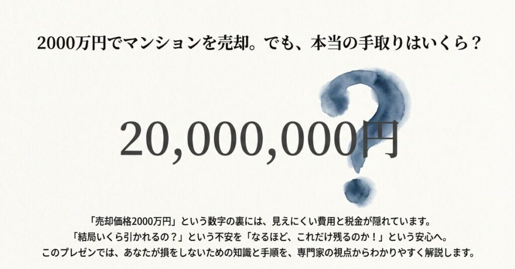 2000万円でマンションを売却した際の実質的な手取り額を問いかける導入スライド