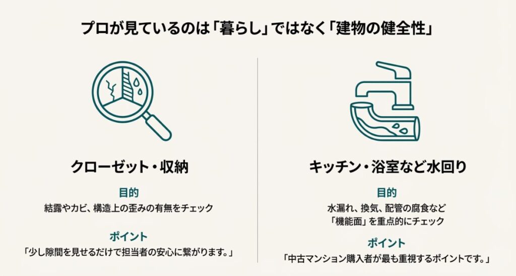 クローゼット内のカビや構造の歪み、水回りの機能面を重点的にチェックすることを示す図解とアドバイスのスライド