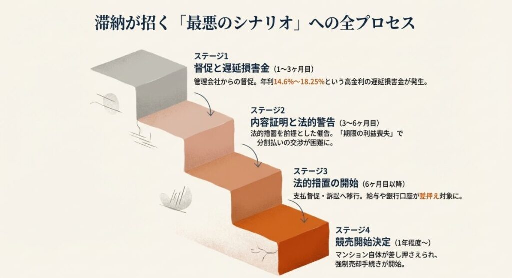 滞納1ヶ月目から1年程度までの流れを示し、遅延損害金の発生や法的措置のプロセスを解説する工程図