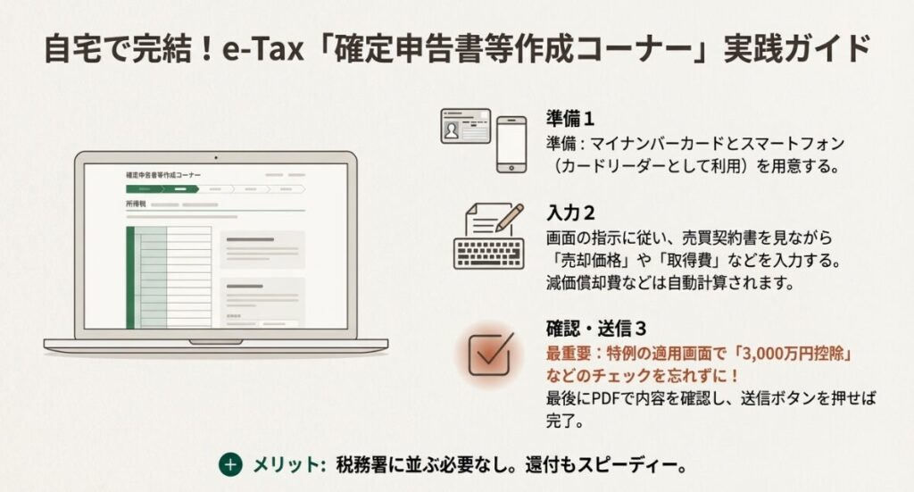 マイナンバーカードとスマートフォンを使用して、自宅からオンラインで申告書を作成・送信する3ステップの解説画像です。