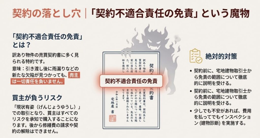 引き渡し後の欠陥について売主が責任を負わない特約の意味や、現状有姿での取引における買主のリスクを説明した図