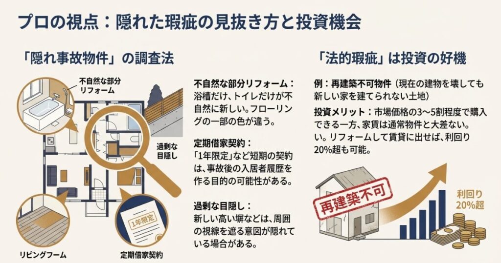 再建築不可物件を安く購入し、リフォームして賃貸に出すことで高利回りが期待できることを示すグラフとイラスト 。