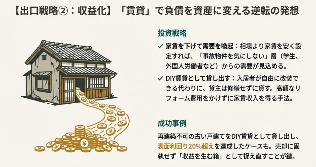 DIY賃貸や事故物件を気にしない層への需要喚起を説明した図
