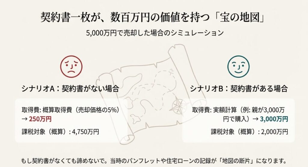 5,000万円で売却した場合を例に、概算取得費と実額計算で課税対象額が数千万円変わるシミュレーション結果。