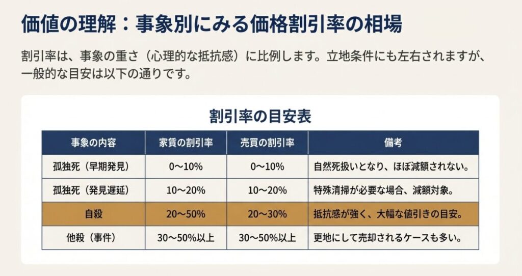 孤独死、自殺、他殺といった事象の内容ごとに、家賃と売買価格の割引率の目安をまとめた比較表 。