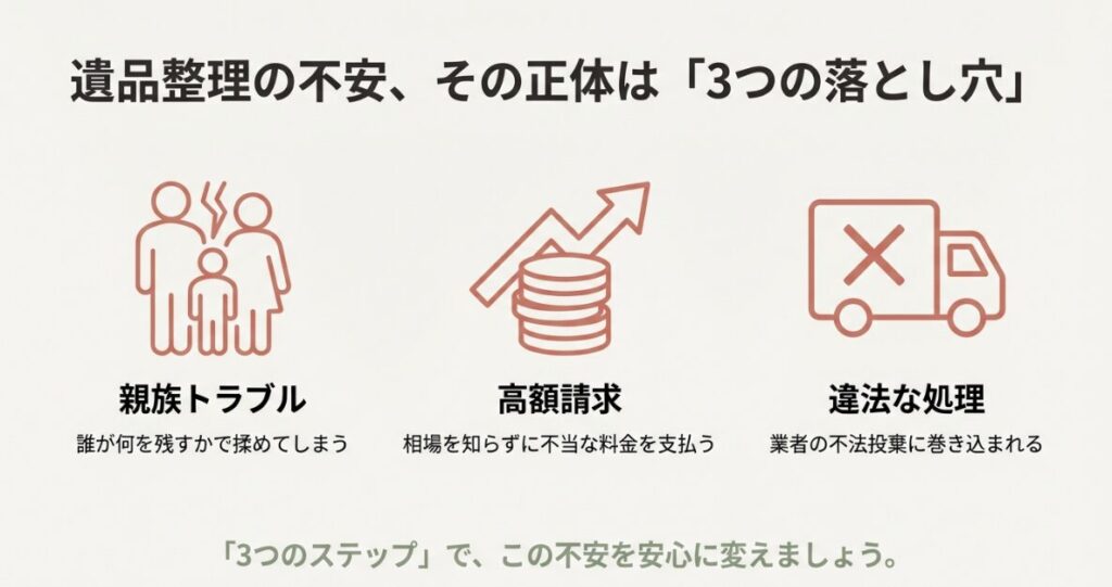 相続人全員での話し合いと形見分けリスト作成の重要性を説明するスライド