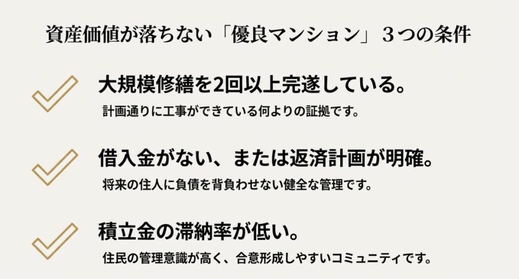 大規模修繕を2回完遂している、借入金がない、滞納率が低いという3つの優良条件をまとめたスライド