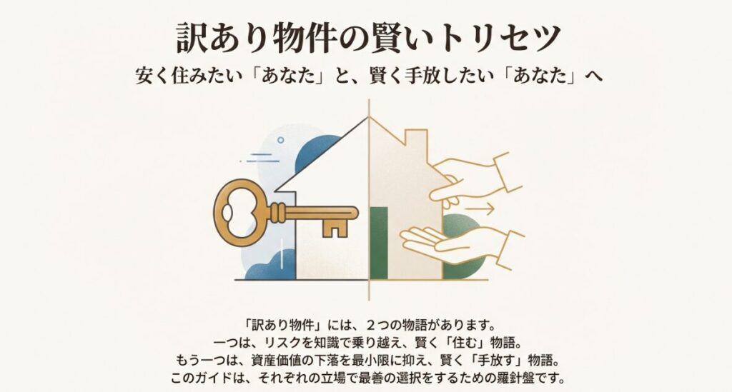 訳あり物件を賢く選び、または手放すためのガイドブックの表紙画像。家と鍵のイラストが描かれている。