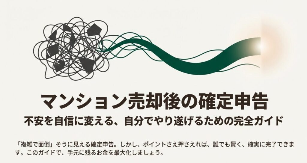 マンション売却後の確定申告について、不安を自信に変えて自分でやり遂げるための完全ガイドの表紙画像です。