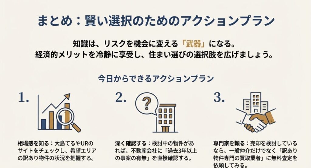 相場を知る、直接確認する、専門家を頼るという、今日からできる3つの具体的な行動指針をまとめた図解 。