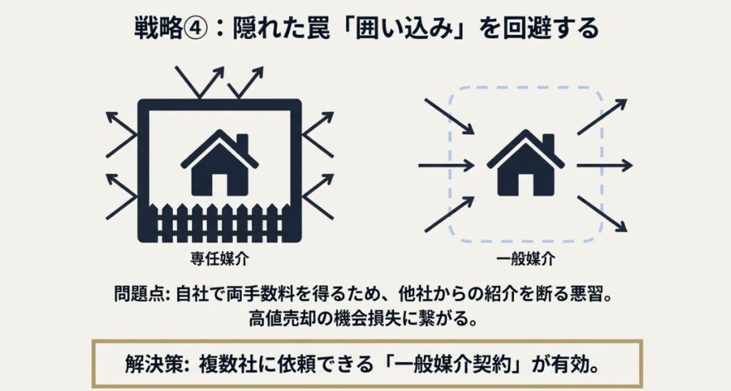 専任媒介での他社紹介拒否という囲い込みの問題点と、複数社に依頼できる一般媒介契約による解決策の図解