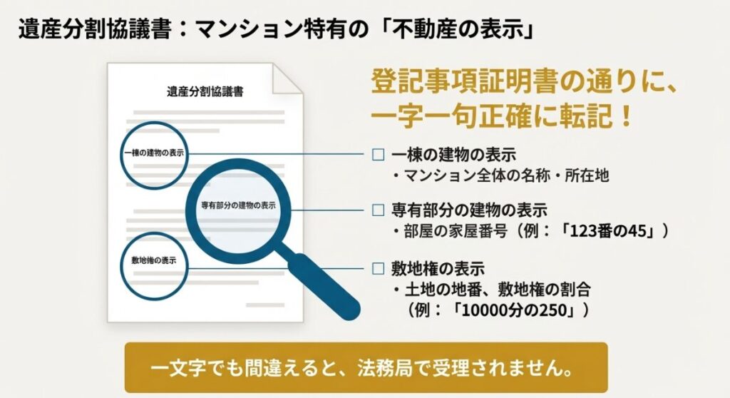 遺産分割協議書に記載する「一棟の建物の表示」「専有部分の建物の表示」「敷地権の表示」について、登記事項証明書通りに一字一句正確に転記するよう注意喚起している図解です。