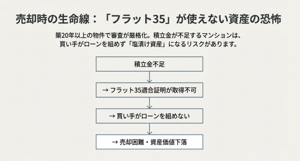 積立金不足でフラット35の適合証明が取得できず、買い手がローンを組めなくなることで売却が困難になる流れを示したフローチャート