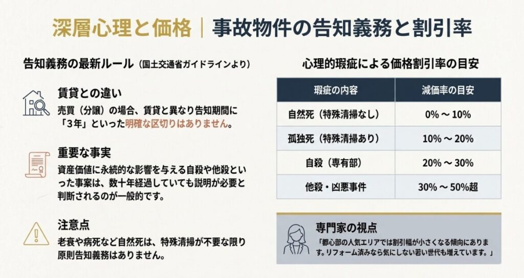 自然死、孤独死、自殺、他殺といった心理的瑕疵の内容ごとに、0パーセントから50パーセント超までの減価率をまとめた比較表