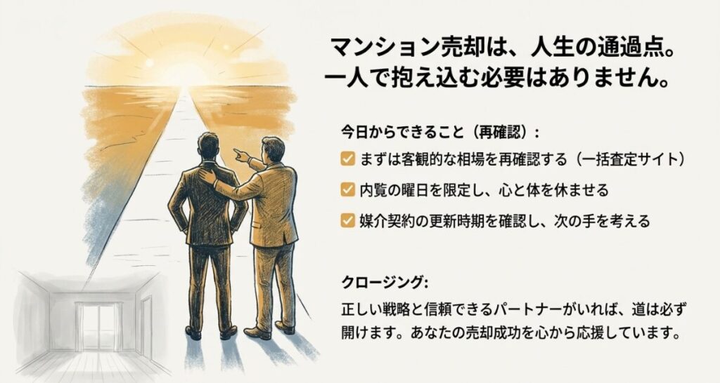 客観的な相場の再確認、内覧曜日の限定、契約更新時期の確認という、今日からできる3つのアクションをまとめたクロージングスライドです。