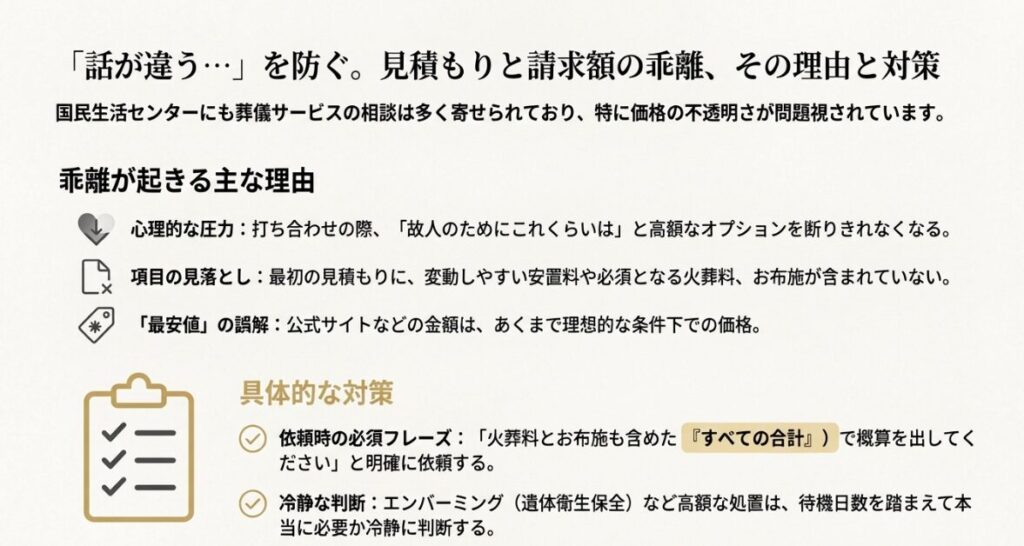 心理的圧力や項目の見落としなど、見積もりと実際の支払額がずれる原因を分析したスライド
