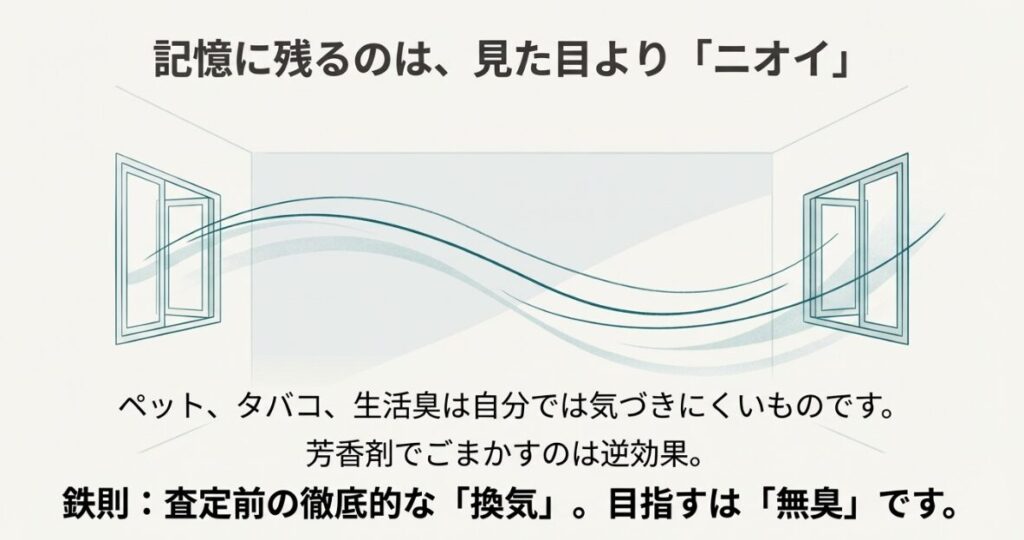 ペットやタバコのニオイ対策として芳香剤ではなく徹底した換気が重要であることの図解