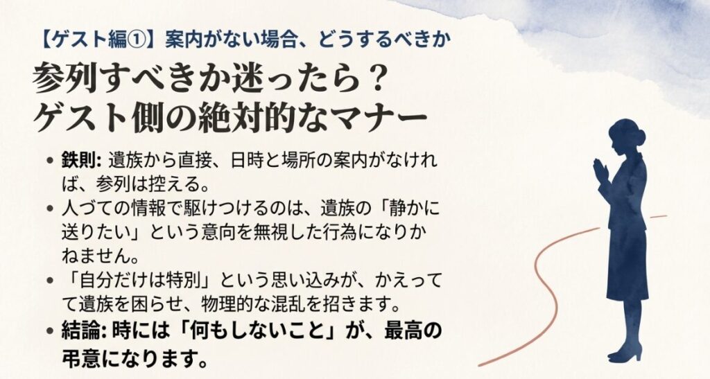 親戚、知人、SNSなど相手に合わせた家族葬の参列辞退の文言とポイントをまとめた一覧表スライド