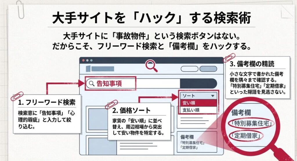 フリーワード検索窓に告知事項と入力する方法や、家賃の安い順ソート、備考欄の精読手順を説明した画面イメージ