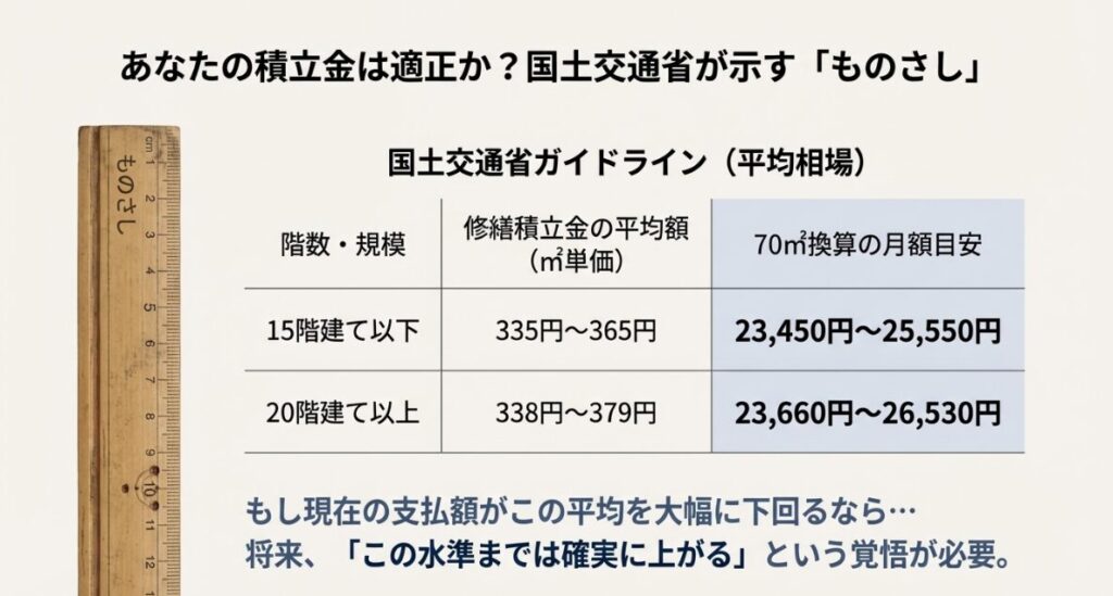 階数や規模に応じた修繕積立金の㎡単価平均と70㎡換算の月額目安を示した表