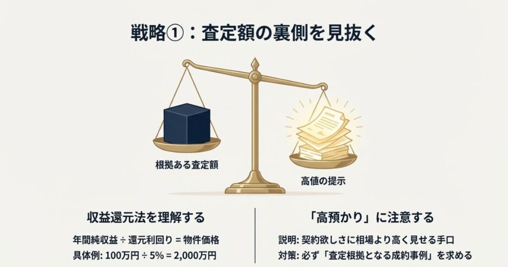 年間純収益を利回りで割る物件価格の計算式と、成約事例を求めて不自然な高値提示を見抜く対策の解説