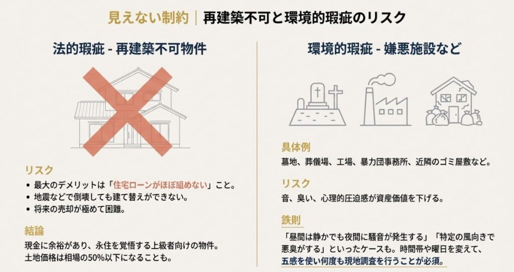 住宅ローンが組めないことや、倒壊時に建て替えができないといった再建築不可物件の致命的なデメリットを解説した図